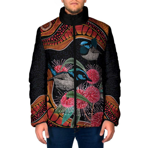 Hakea Flower And Fairy Wren Australia Padded Jacket Aboriginal Art - Aussie Hoodie