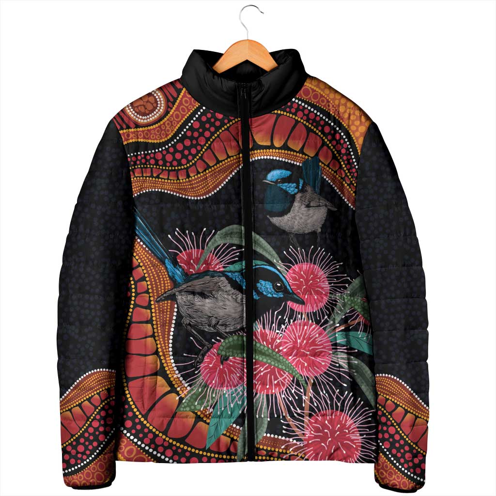 Hakea Flower And Fairy Wren Australia Padded Jacket Aboriginal Art - Aussie Hoodie