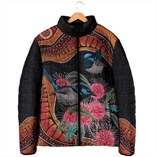 Hakea Flower And Fairy Wren Australia Padded Jacket Aboriginal Art - Aussie Hoodie