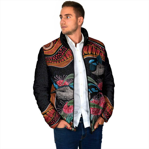 Hakea Flower And Fairy Wren Australia Padded Jacket Aboriginal Art - Aussie Hoodie