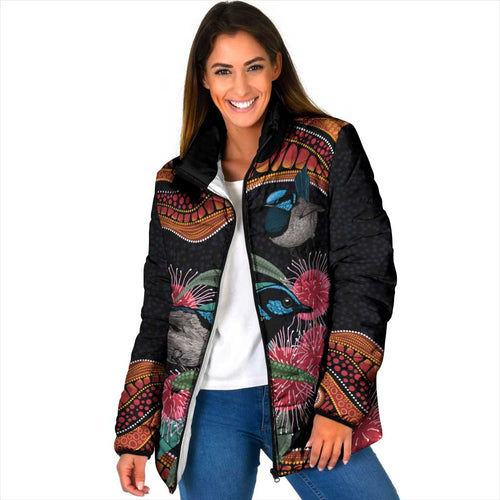 Hakea Flower And Fairy Wren Australia Padded Jacket Aboriginal Art - Aussie Hoodie