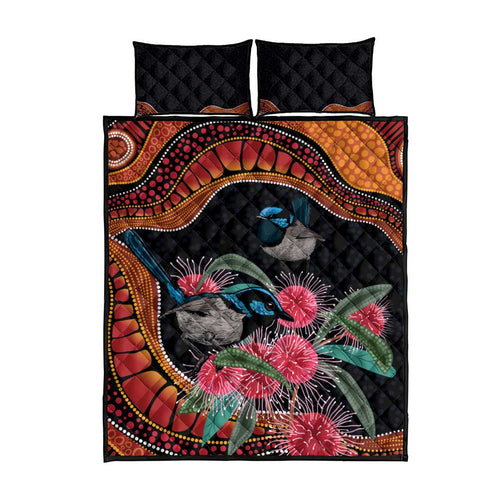 Hakea Flower And Fairy Wren Australia Quilt Bed Set Aboriginal Art