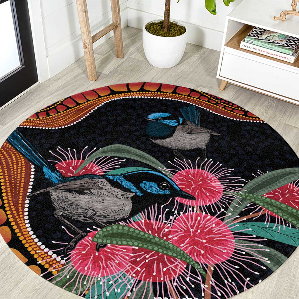 Hakea Flower And Fairy Wren Australia Round Carpet Aboriginal Art