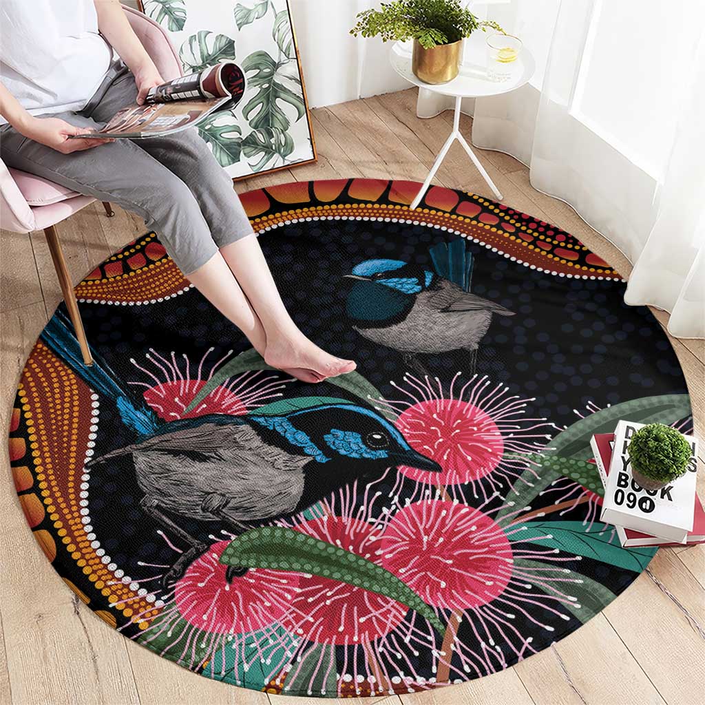Hakea Flower And Fairy Wren Australia Round Carpet Aboriginal Art