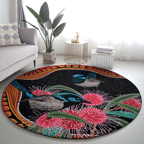 Hakea Flower And Fairy Wren Australia Round Carpet Aboriginal Art