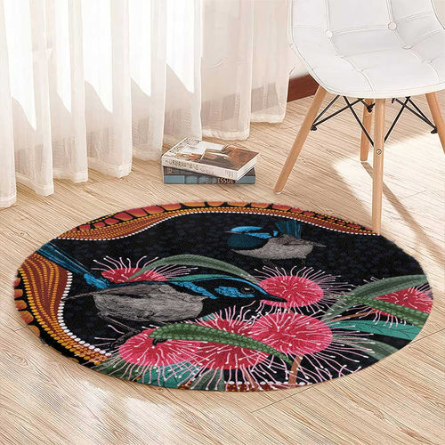 Hakea Flower And Fairy Wren Australia Round Carpet Aboriginal Art