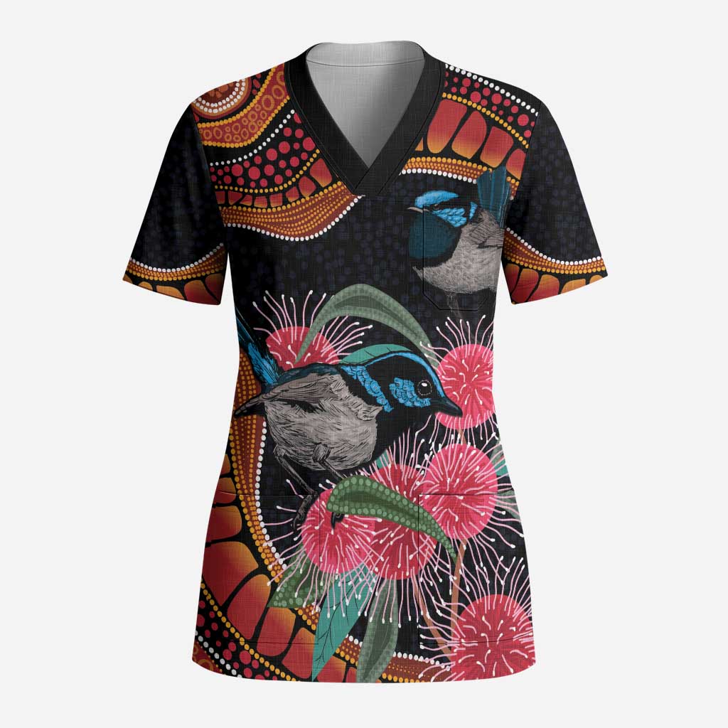 Hakea Flower And Fairy Wren Australia Scrub Top Aboriginal Art - Aussie Hoodie