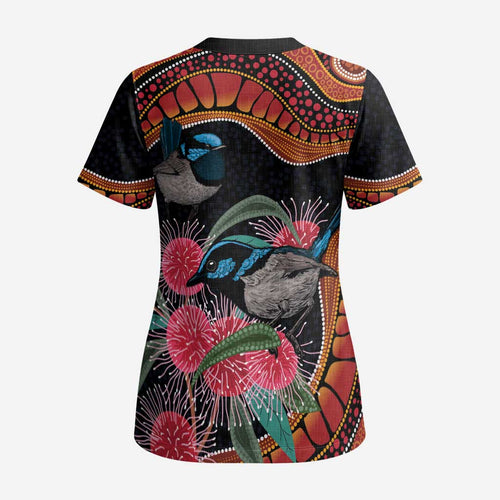 Hakea Flower And Fairy Wren Australia Scrub Top Aboriginal Art - Aussie Hoodie