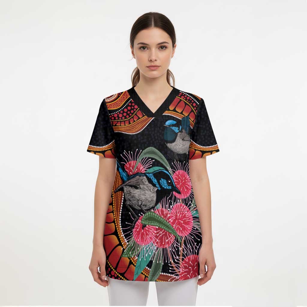 Hakea Flower And Fairy Wren Australia Scrub Top Aboriginal Art - Aussie Hoodie