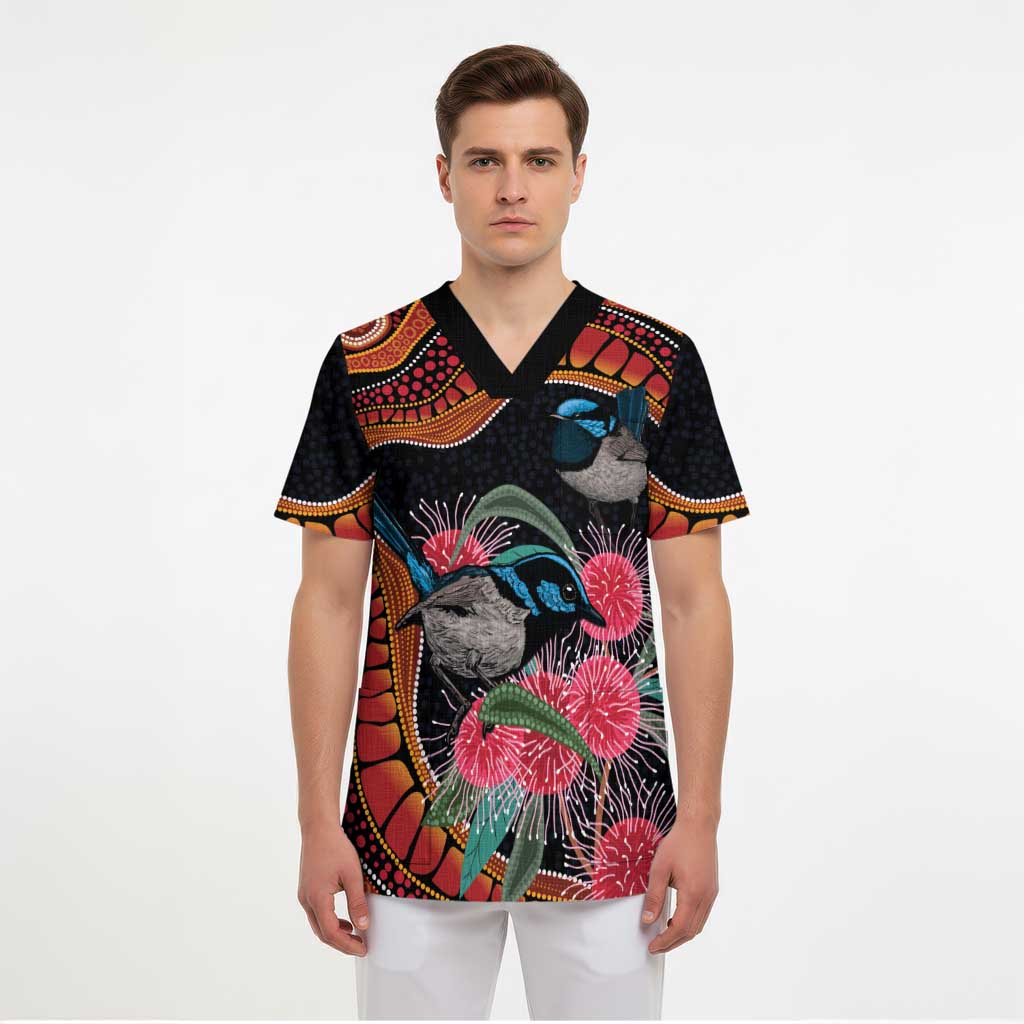 Hakea Flower And Fairy Wren Australia Scrub Top Aboriginal Art - Aussie Hoodie