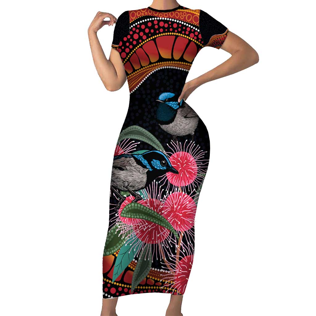 Hakea Flower And Fairy Wren Australia Short Sleeve Bodycon Dress Aboriginal Art