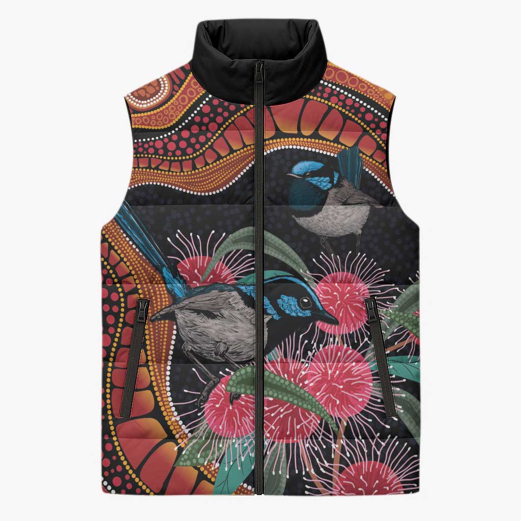 Hakea Flower And Fairy Wren Australia Sleeveless Puffer Jacket Aboriginal Art - Aussie Hoodie