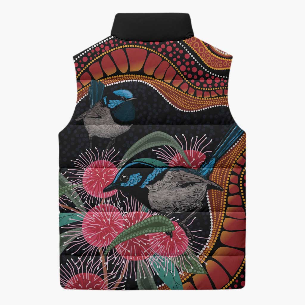 Hakea Flower And Fairy Wren Australia Sleeveless Puffer Jacket Aboriginal Art - Aussie Hoodie