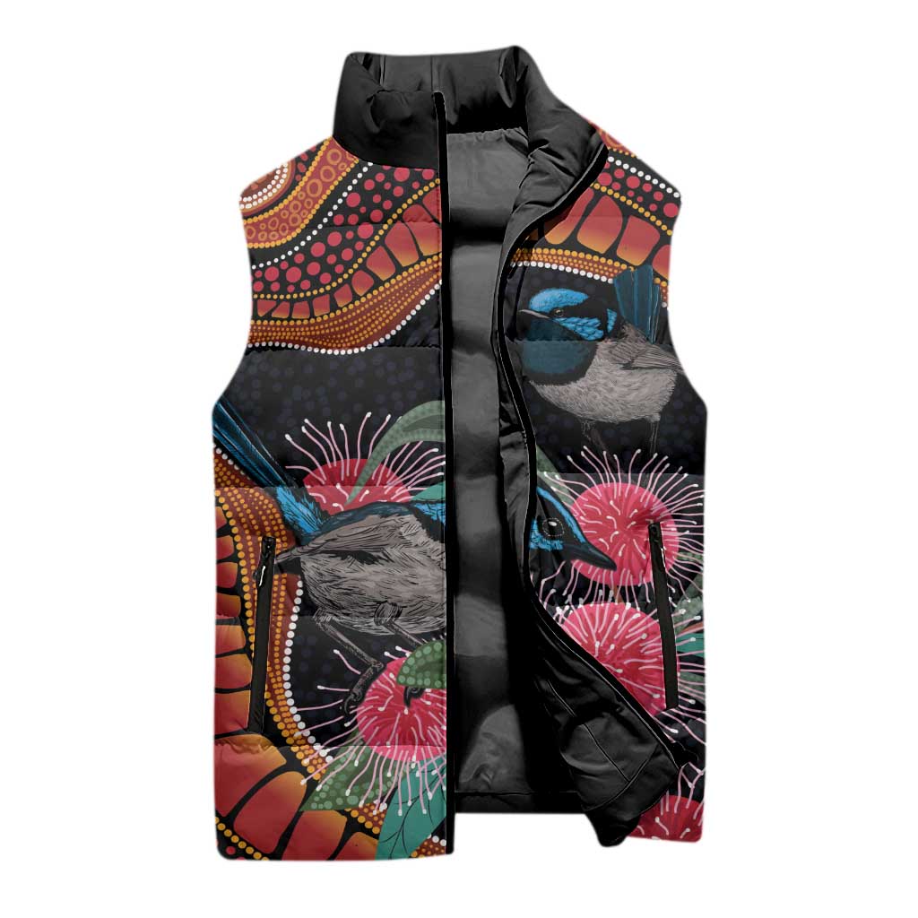 Hakea Flower And Fairy Wren Australia Sleeveless Puffer Jacket Aboriginal Art - Aussie Hoodie