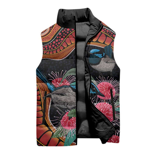Hakea Flower And Fairy Wren Australia Sleeveless Puffer Jacket Aboriginal Art - Aussie Hoodie