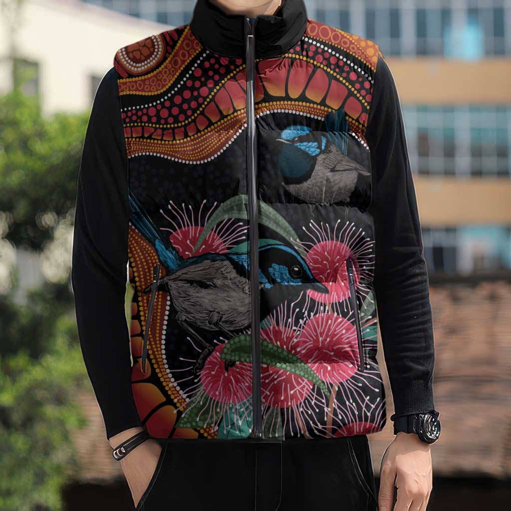Hakea Flower And Fairy Wren Australia Sleeveless Puffer Jacket Aboriginal Art - Aussie Hoodie