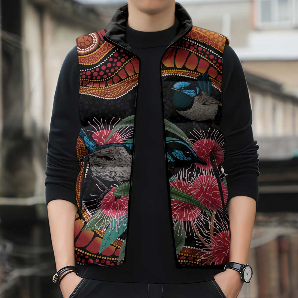 Hakea Flower And Fairy Wren Australia Sleeveless Puffer Jacket Aboriginal Art - Aussie Hoodie