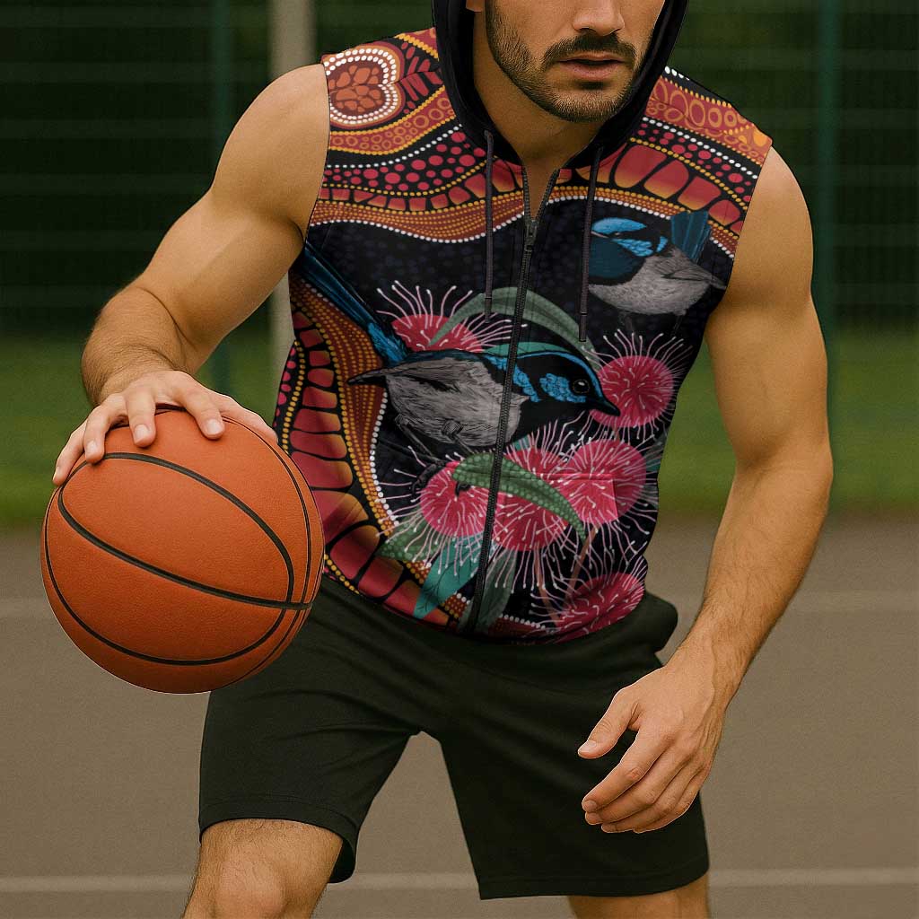 Hakea Flower And Fairy Wren Australia Sleeveless Zip Hoodie Aboriginal Art LT14