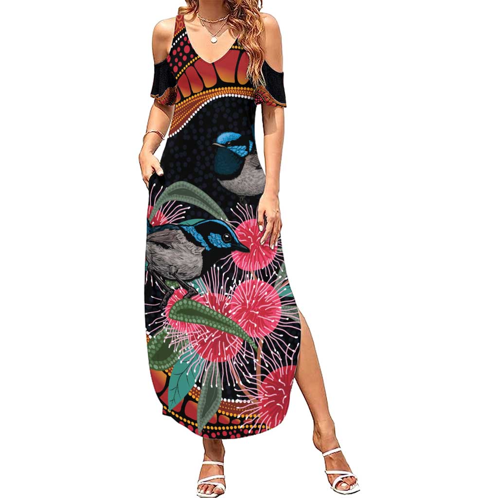 Hakea Flower And Fairy Wren Australia Summer Maxi Dress Aboriginal Art