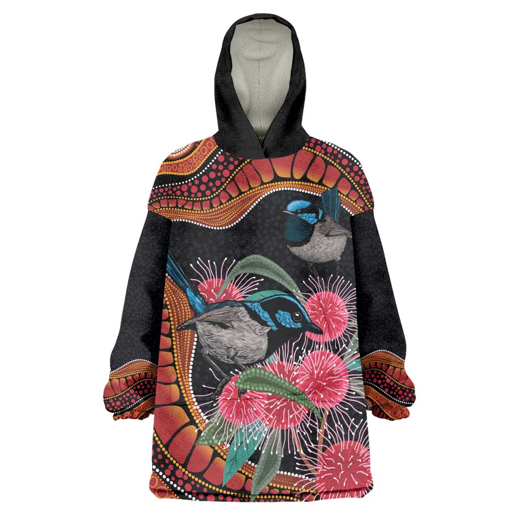 Hakea Flower And Fairy Wren Australia Wearable Blanket Hoodie Aboriginal Art