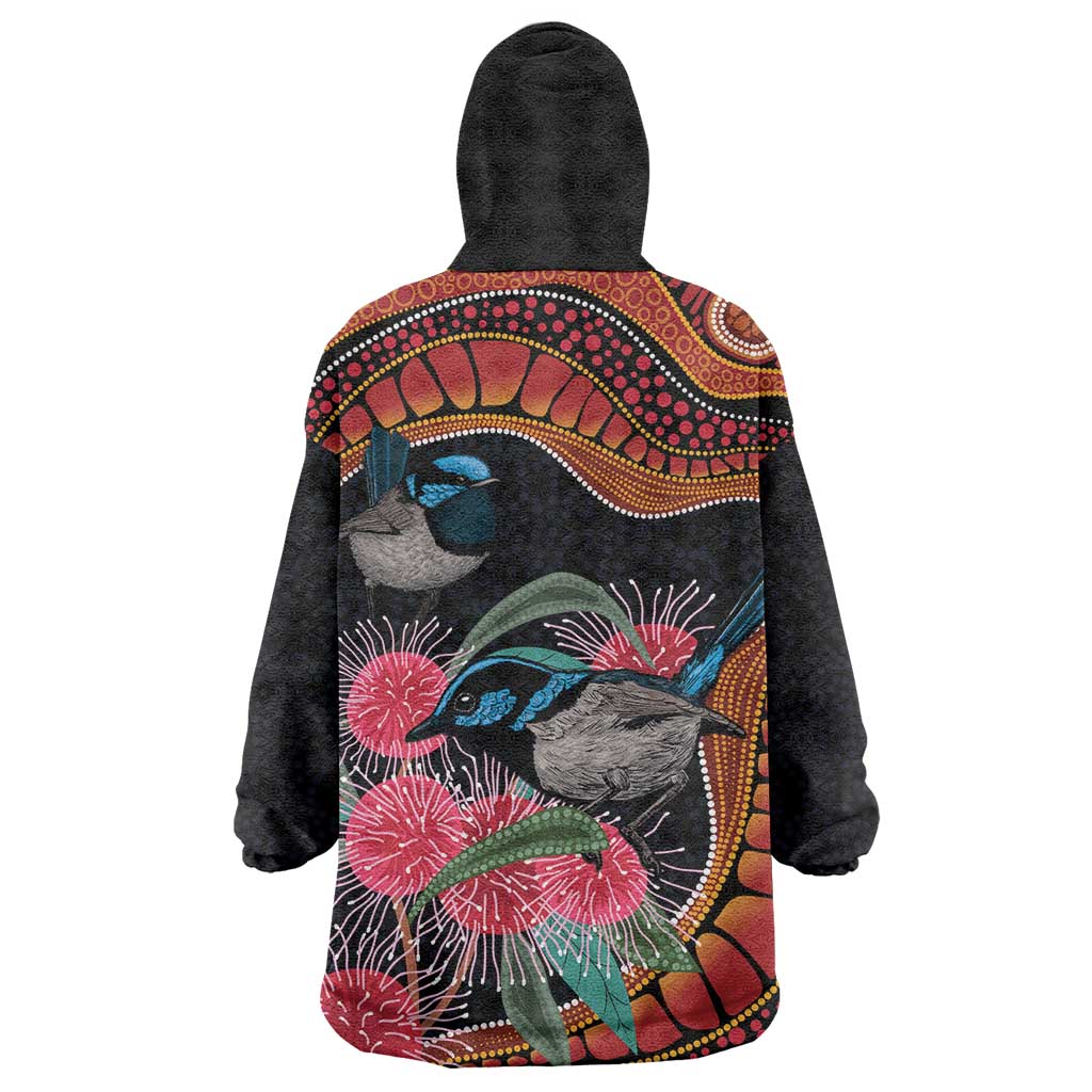 Hakea Flower And Fairy Wren Australia Wearable Blanket Hoodie Aboriginal Art