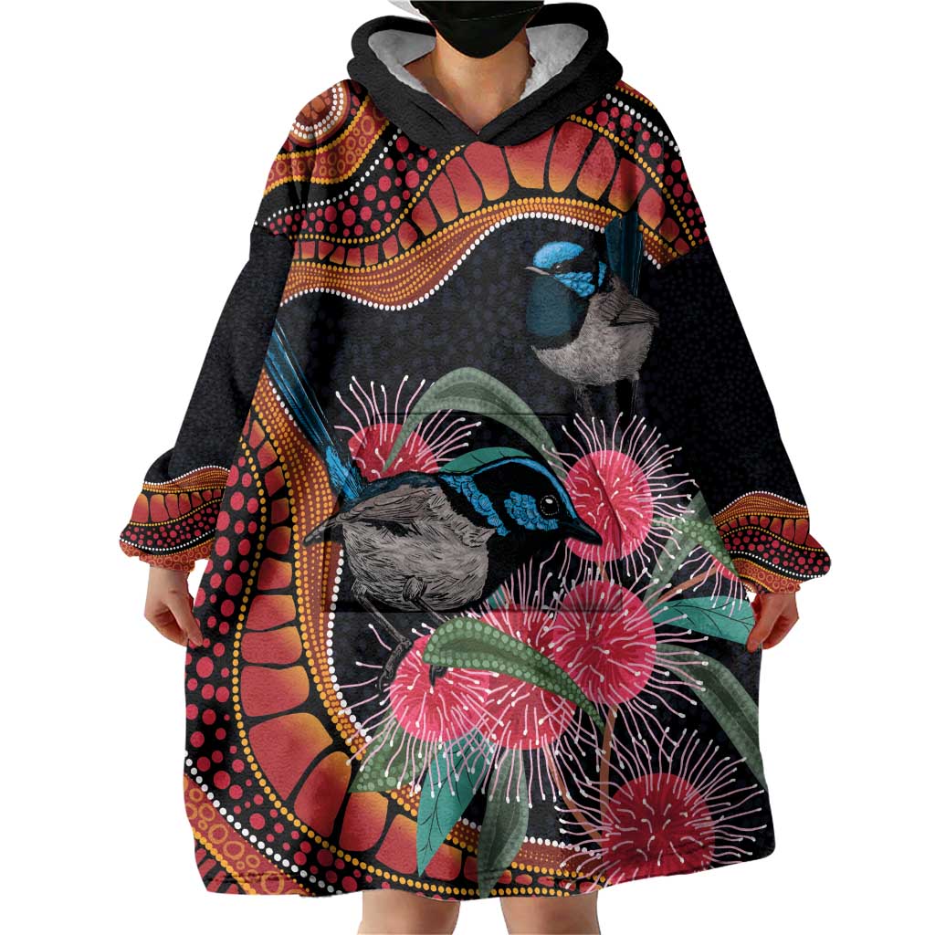 Hakea Flower And Fairy Wren Australia Wearable Blanket Hoodie Aboriginal Art