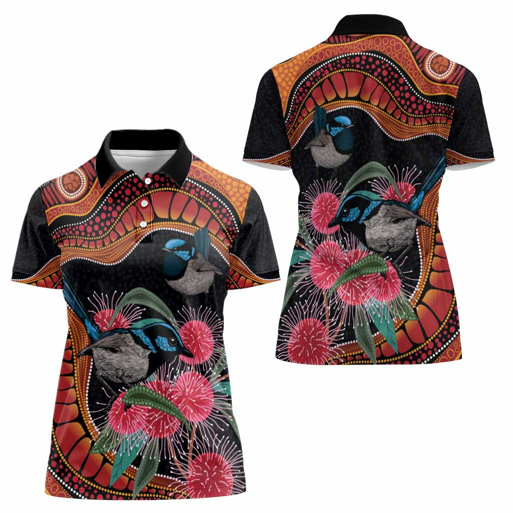 Hakea Flower And Fairy Wren Australia Women Polo Shirt Aboriginal Art