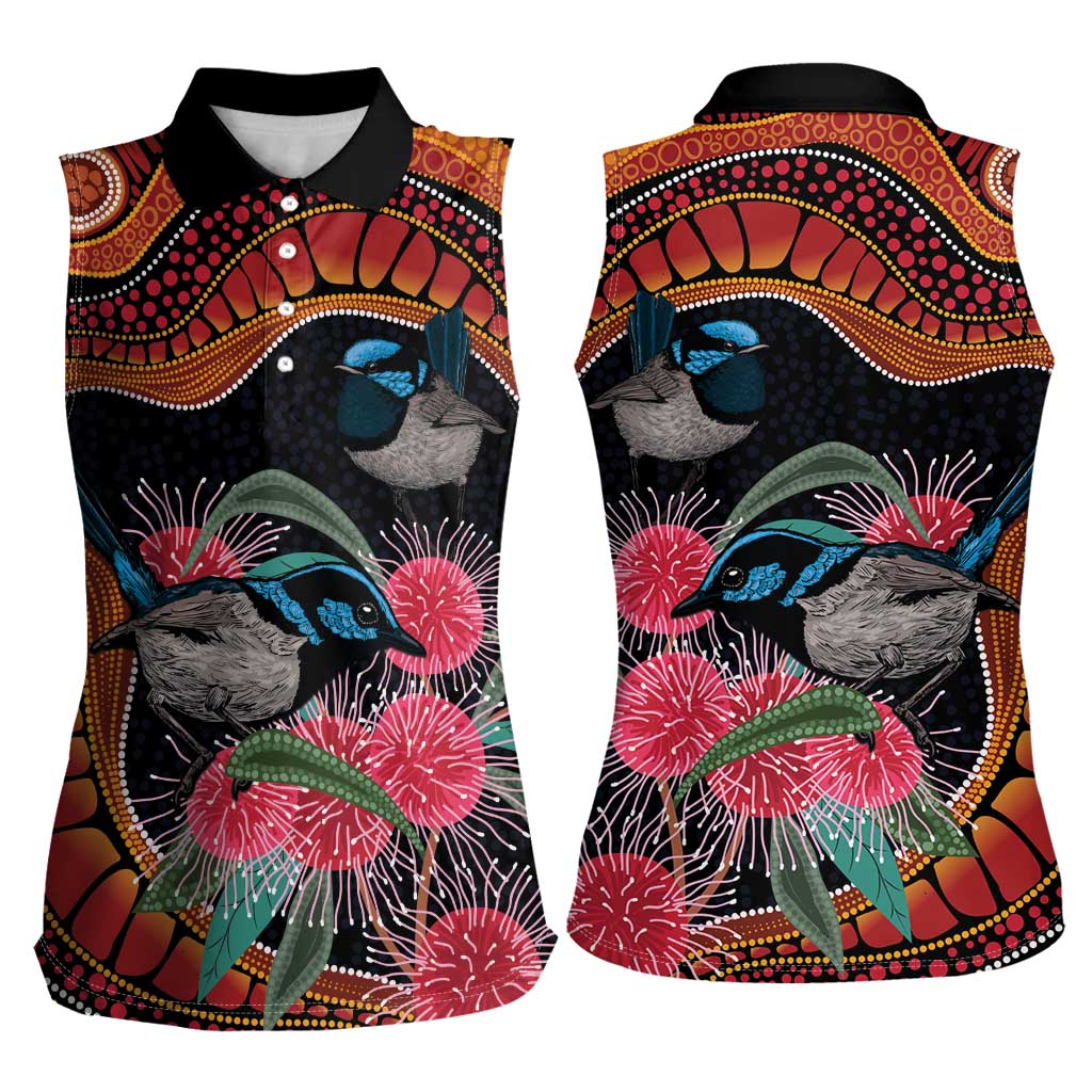 Hakea Flower And Fairy Wren Australia Women Sleeveless Polo Shirt Aboriginal Art