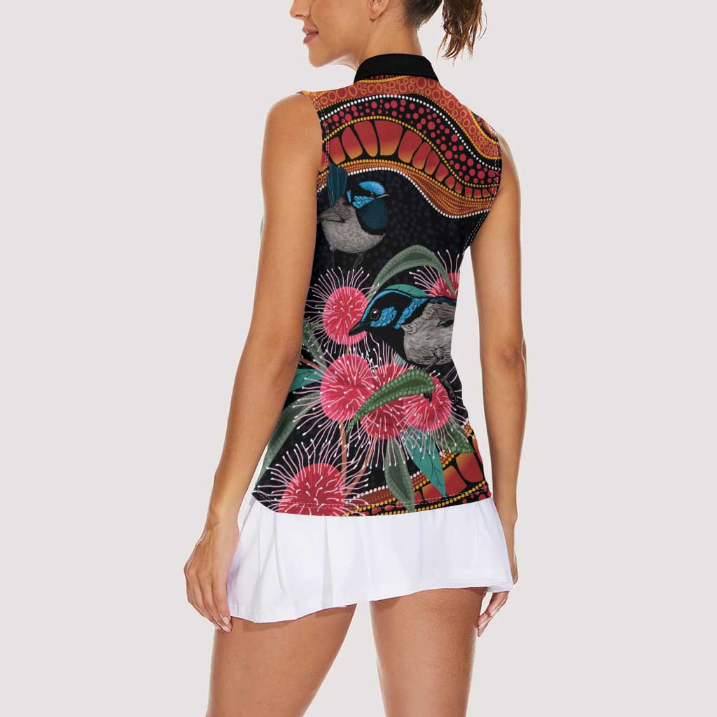 Hakea Flower And Fairy Wren Australia Women Sleeveless Polo Shirt Aboriginal Art