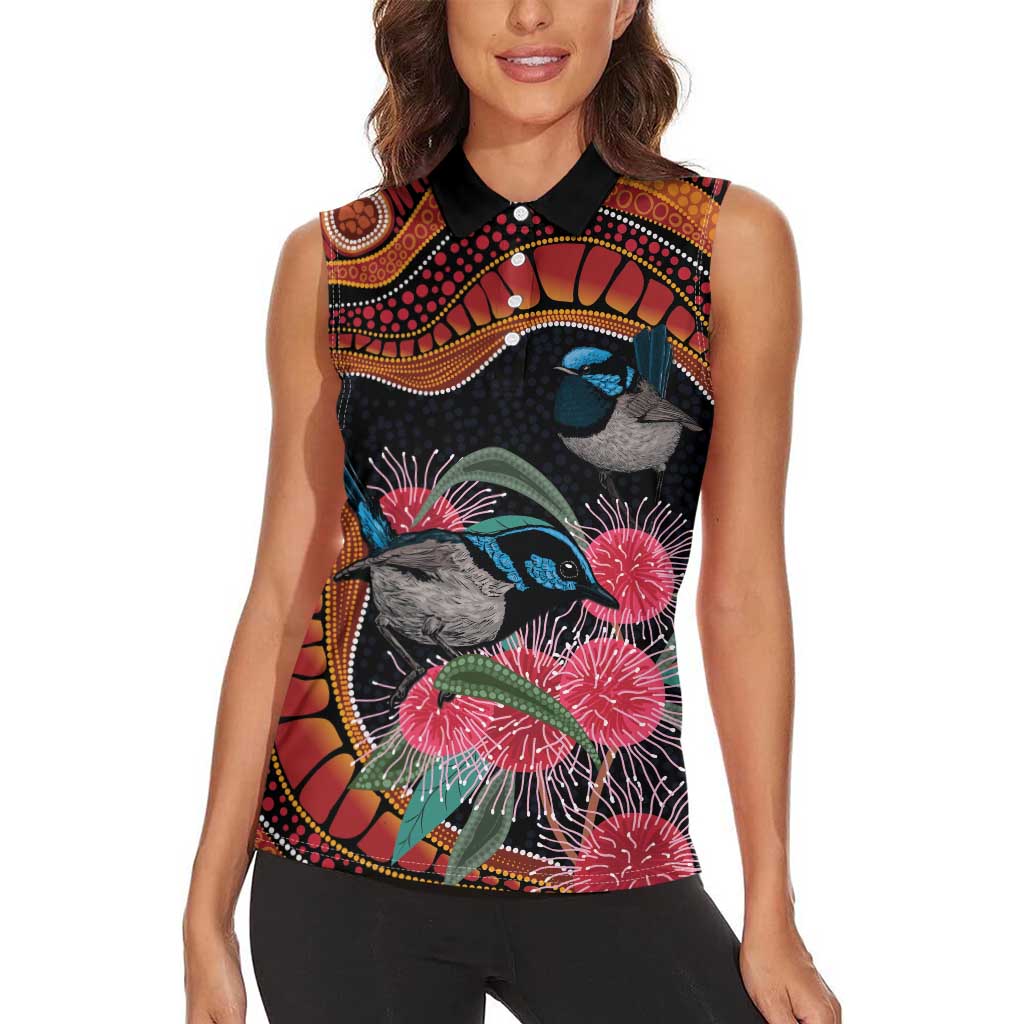 Hakea Flower And Fairy Wren Australia Women Sleeveless Polo Shirt Aboriginal Art