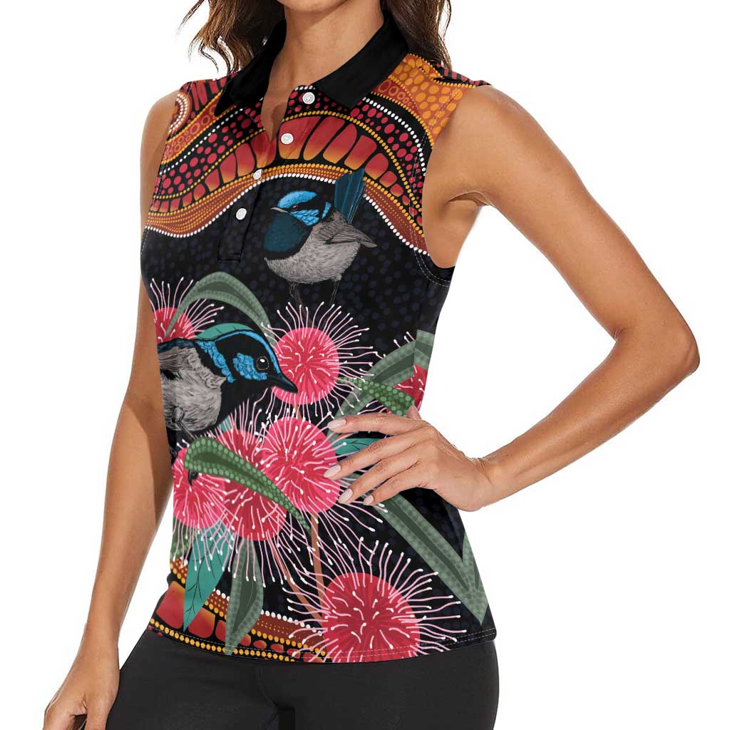 Hakea Flower And Fairy Wren Australia Women Sleeveless Polo Shirt Aboriginal Art