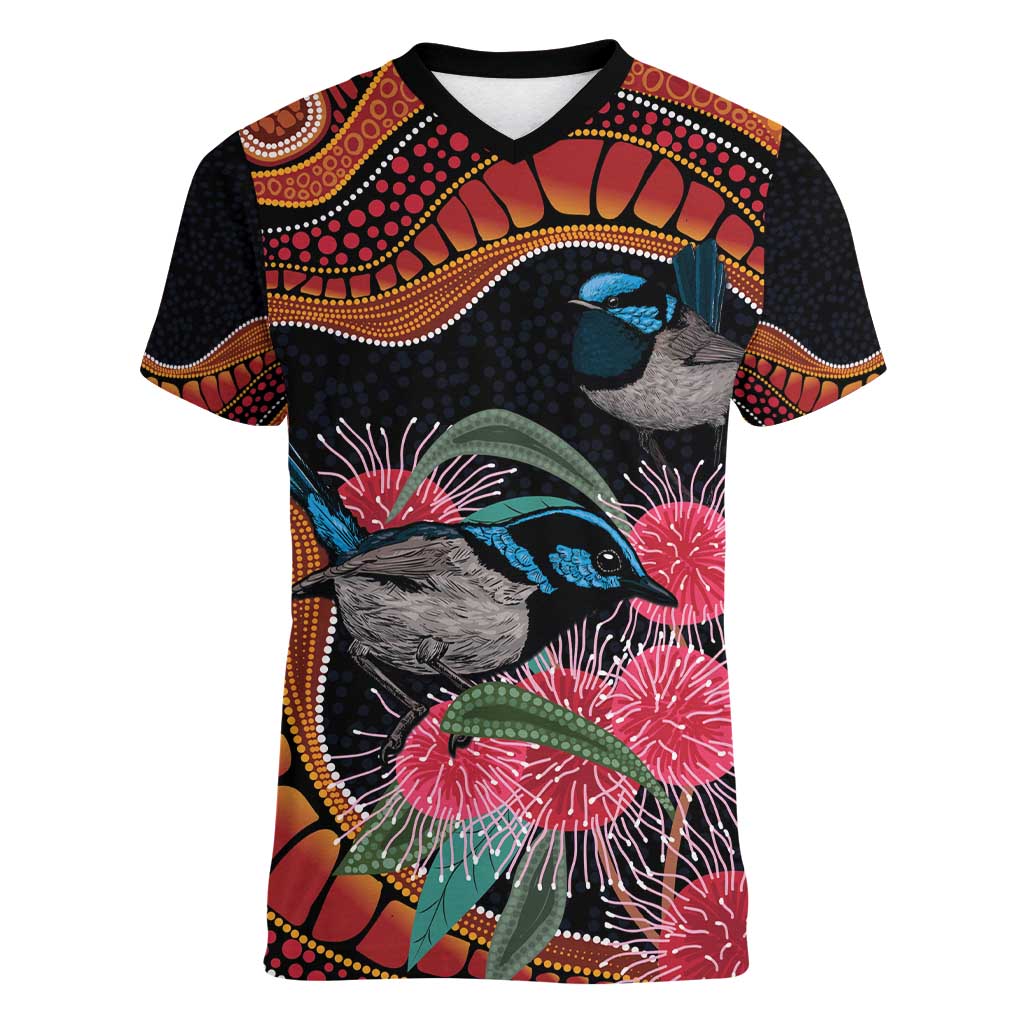 Hakea Flower And Fairy Wren Australia Women V-Neck T-Shirt Aboriginal Art