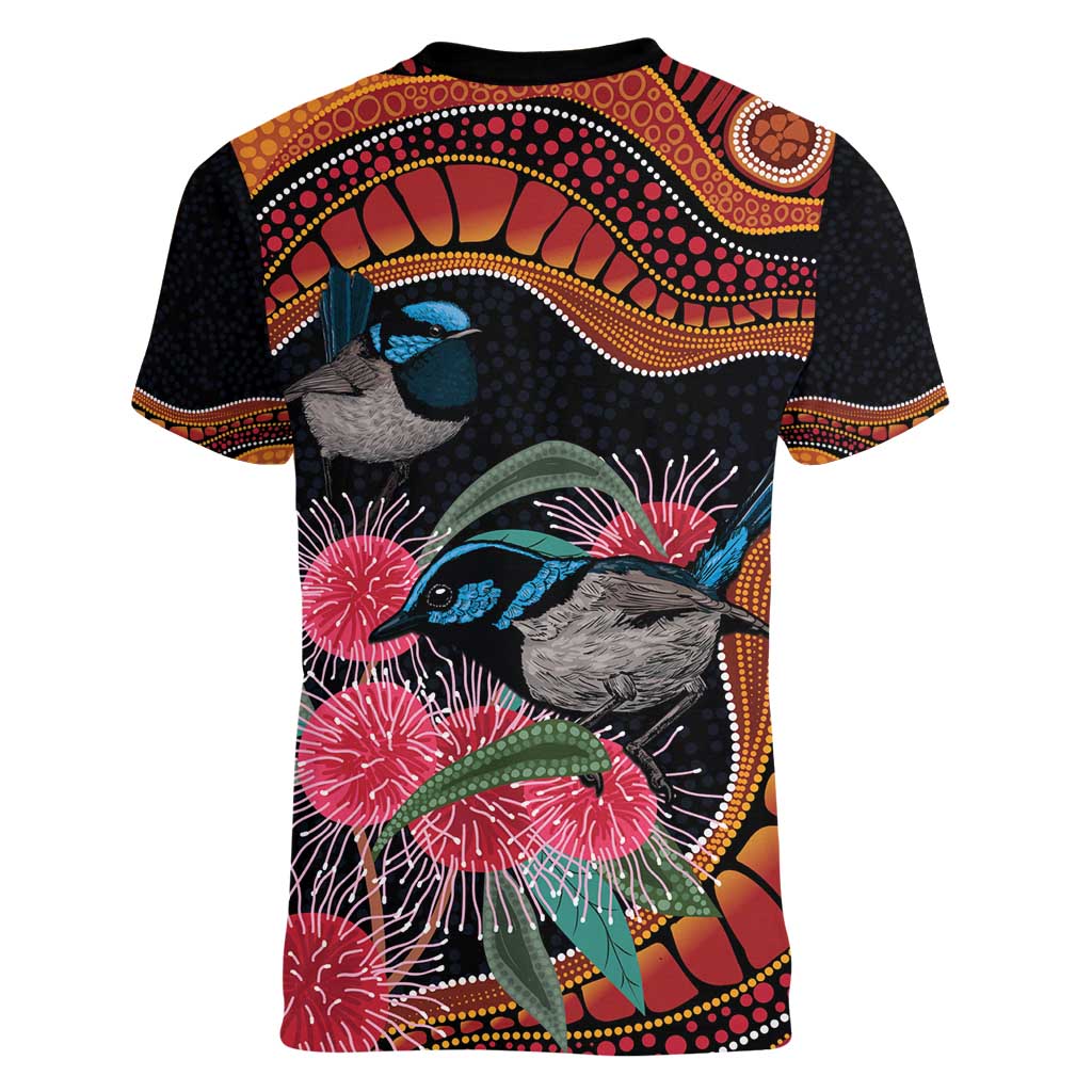 Hakea Flower And Fairy Wren Australia Women V-Neck T-Shirt Aboriginal Art