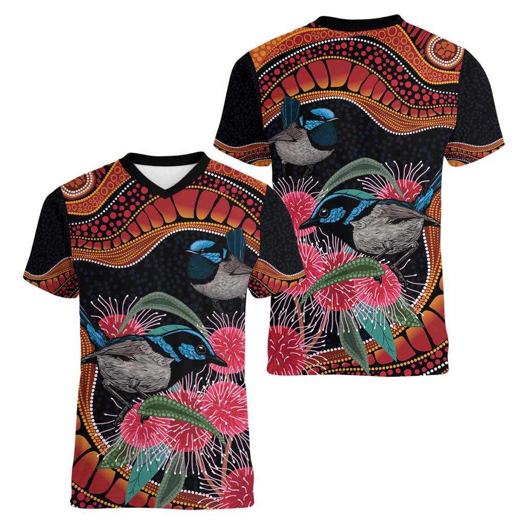 Hakea Flower And Fairy Wren Australia Women V-Neck T-Shirt Aboriginal Art