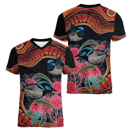 Hakea Flower And Fairy Wren Australia Women V-Neck T-Shirt Aboriginal Art
