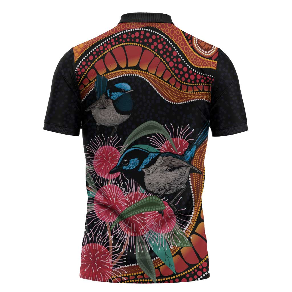 Hakea Flower And Fairy Wren Australia Zipper Polo Shirt Aboriginal Art - Aussie Hoodie