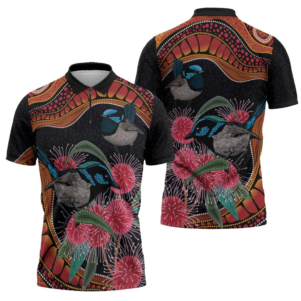 Hakea Flower And Fairy Wren Australia Zipper Polo Shirt Aboriginal Art - Aussie Hoodie