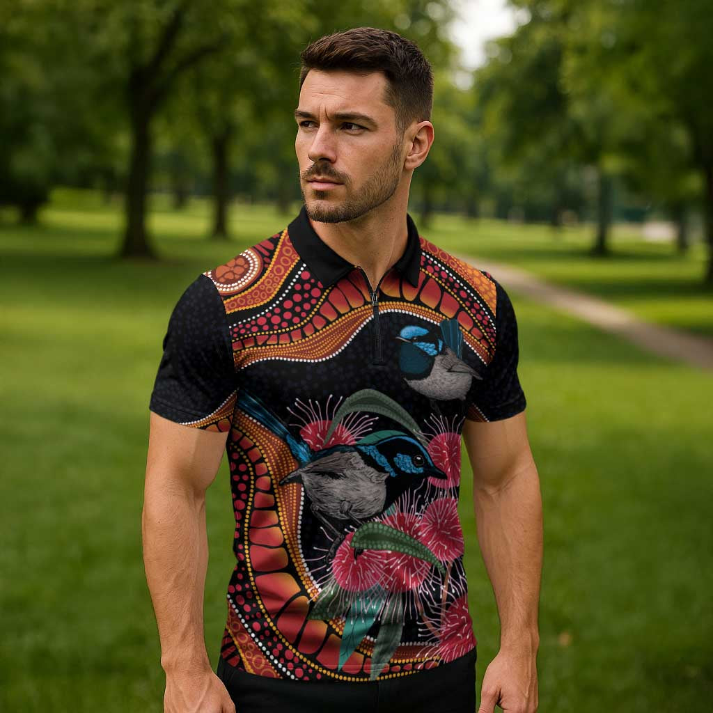 Hakea Flower And Fairy Wren Australia Zipper Polo Shirt Aboriginal Art - Aussie Hoodie