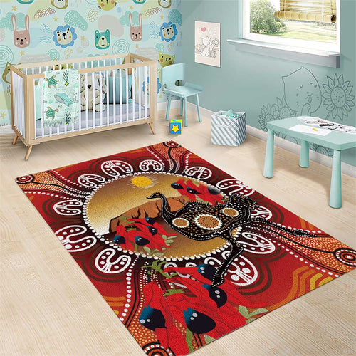 Sturt's Desert Pea And Emu Australia Area Rug Uluru Aboriginal Art