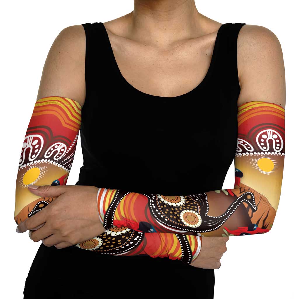 Sturt's Desert Pea And Emu Australia Arm Sleeves Uluru Aboriginal Art - Aussie Hoodie