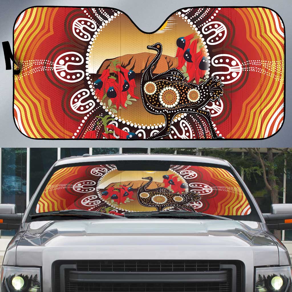 Sturt's Desert Pea And Emu Australia Auto Sun Shade Uluru Aboriginal Art - Aussie Hoodie