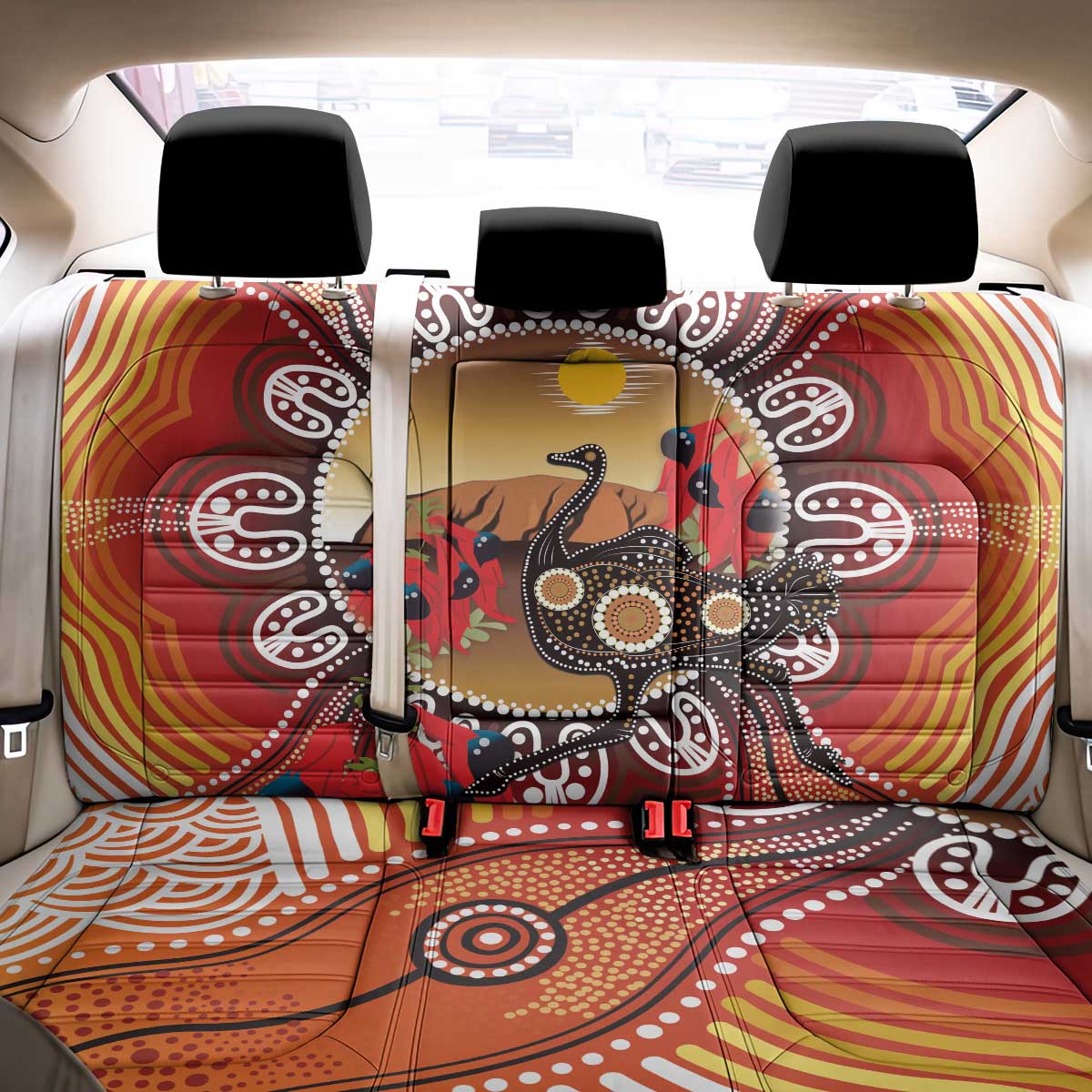 Sturt's Desert Pea And Emu Australia Back Car Seat Cover Uluru Aboriginal Art