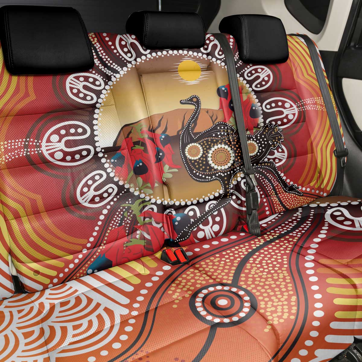 Sturt's Desert Pea And Emu Australia Back Car Seat Cover Uluru Aboriginal Art
