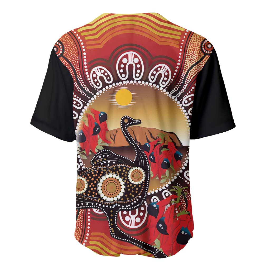 Sturt's Desert Pea And Emu Australia Baseball Jersey Uluru Aboriginal Art