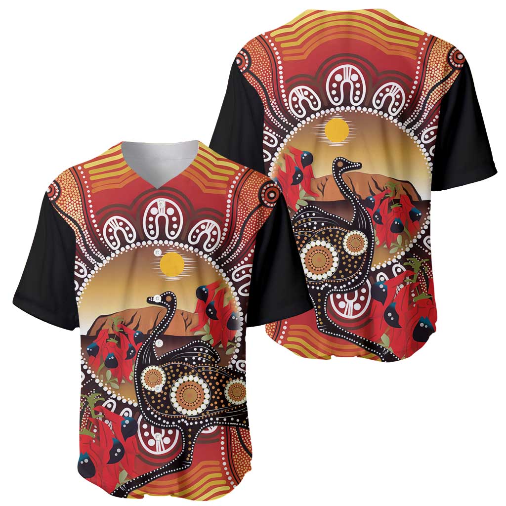 Sturt's Desert Pea And Emu Australia Baseball Jersey Uluru Aboriginal Art