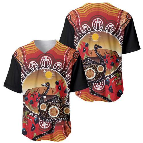 Sturt's Desert Pea And Emu Australia Baseball Jersey Uluru Aboriginal Art