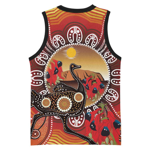 Sturt's Desert Pea And Emu Australia Basketball Jersey Uluru Aboriginal Art - Aussie Hoodie