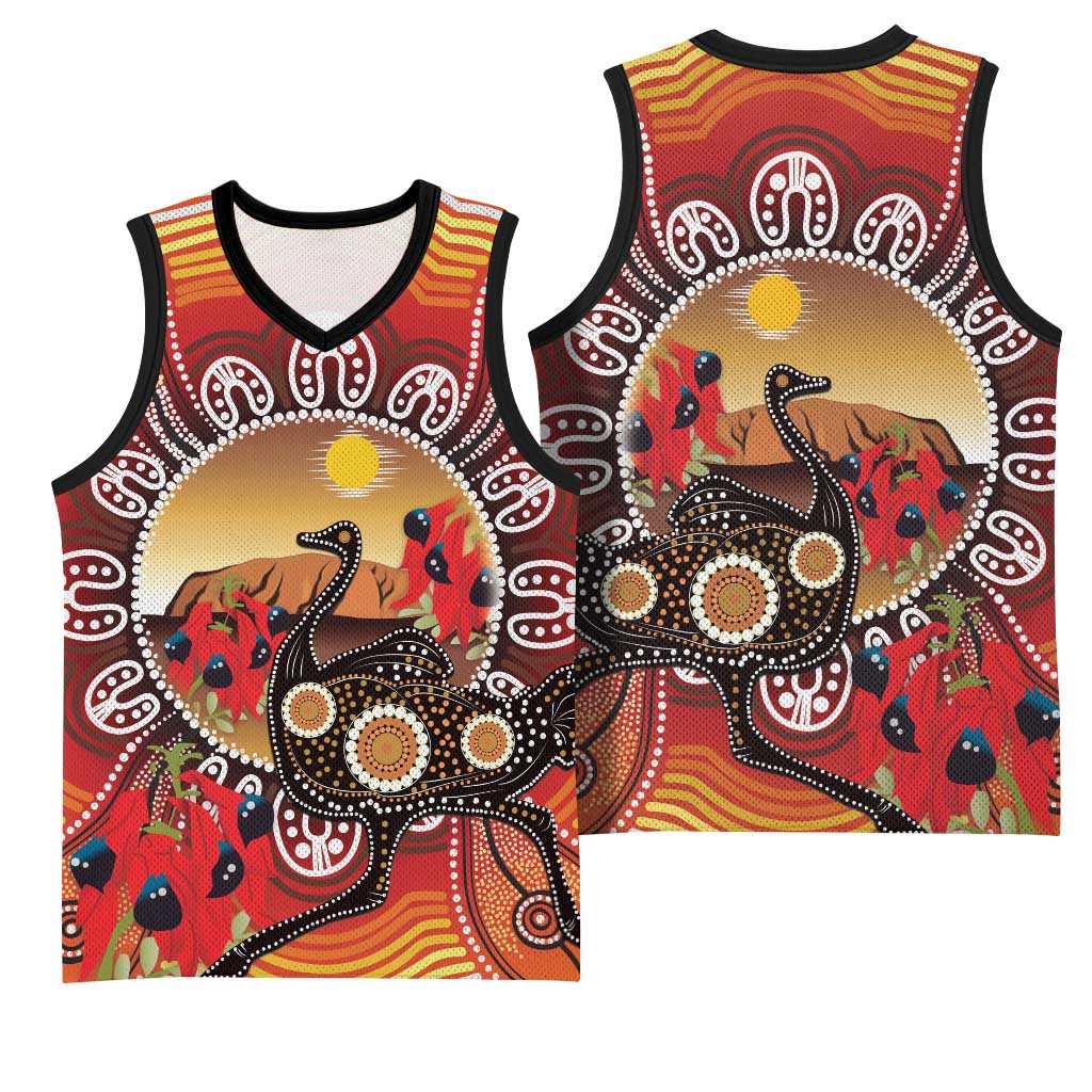 Sturt's Desert Pea And Emu Australia Basketball Jersey Uluru Aboriginal Art - Aussie Hoodie