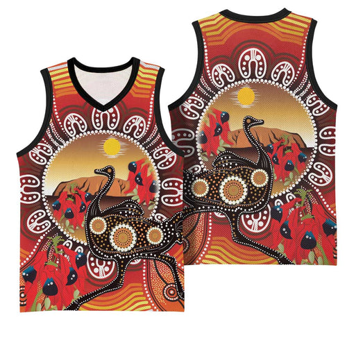 Sturt's Desert Pea And Emu Australia Basketball Jersey Uluru Aboriginal Art - Aussie Hoodie
