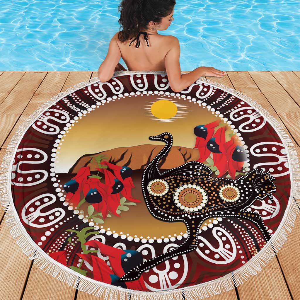 Sturt's Desert Pea And Emu Australia Beach Blanket Uluru Aboriginal Art